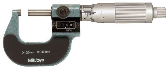Picture of Mitutoyo 193-111 0-25mm, 0.001mm Digit Counter Outside Micrometer, Carbide Tip, Ratchet Stop