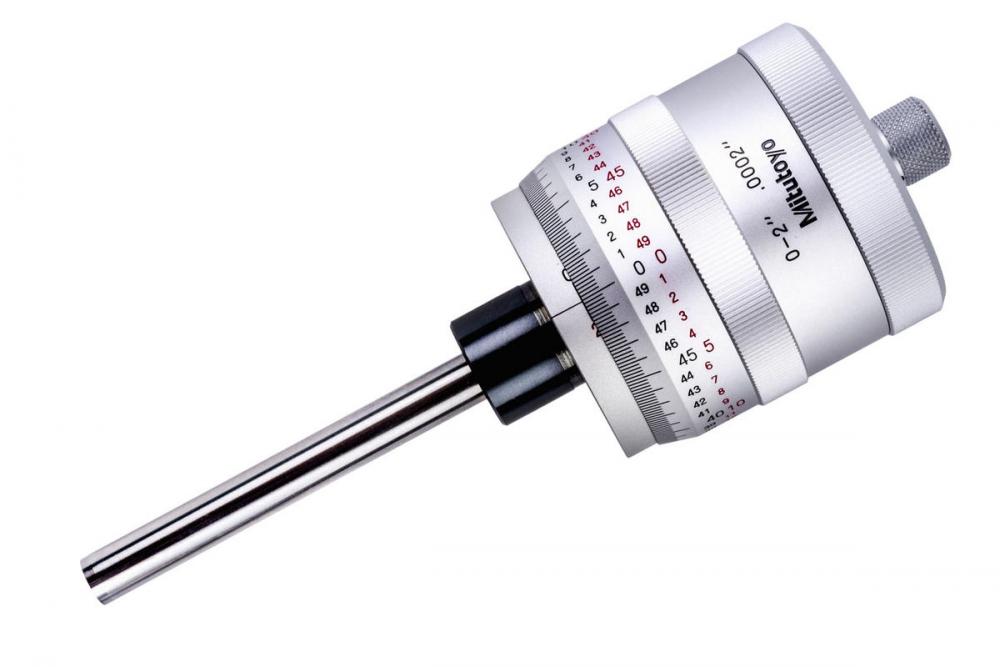 Picture of Mitutoyo 197-201 Micrometer Head, Non-Rotating Spindle And Large Thimble, 0-2 Inch Range, +/- .0002 Inch Accuracy, .709 Inch Stem Diameter, Plain, Flat (Carbide Tip) Spindle Face, Bidirectional Graduation