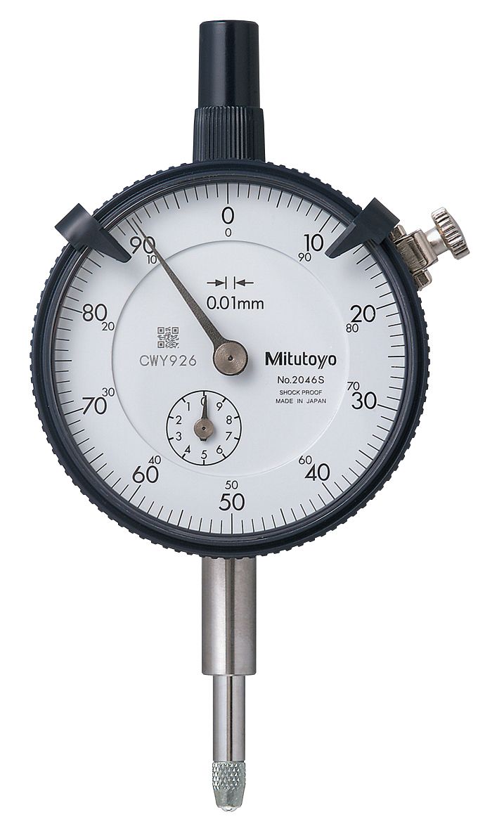 Picture of Mitutoyo 2046S-11 0.01mm, 10mm/(1mm Per Rev) Dial Indicator, 0-100, Lug Back, 3/8 In Stem, Series 2, Jeweled