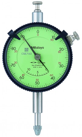 Picture of Mitutoyo 2048S-10 0.01mm, 10mm/(1mm Per Rev) Dial Indicator, 0-100, Lug Back, 8mm Stem, Series 2, Jeweled, Adjustable Hand