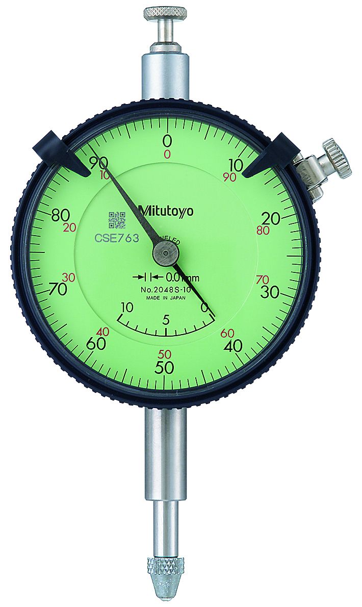 Picture of Mitutoyo 2048Sb-10 0.01mm, 10mm/(1mm Per Rev) Dial Indicator, 0-100, Flat Back, 8mm Stem, Series 2, Jeweled, Adjustable Hand