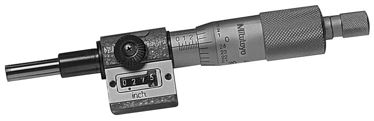Picture of Mitutoyo 250-312 0-1 In, .0001 In, Digit Counter Micrometer Head, .375 In Diameter Plain Stem, Flat Carbide Tipped Spindle Face