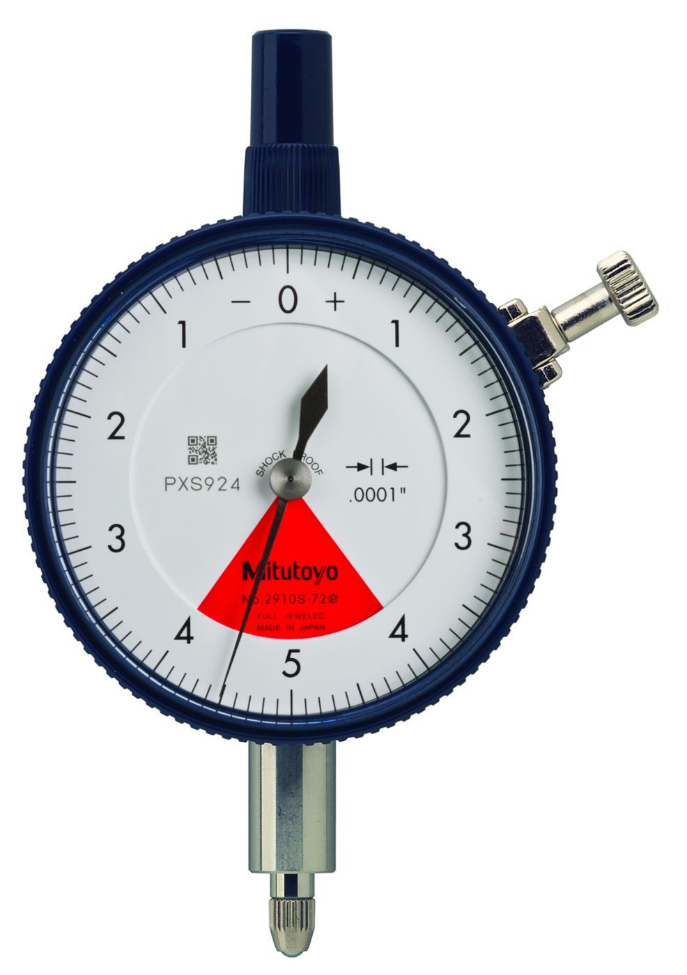 Picture of Mitutoyo 2910Sb-10 .0001 In, .008 In/.01 In Dial Indicator, 4-0-4, Flat Back, 3/8 In Stem, Series 2, One Rev, Shockproof, Jeweled