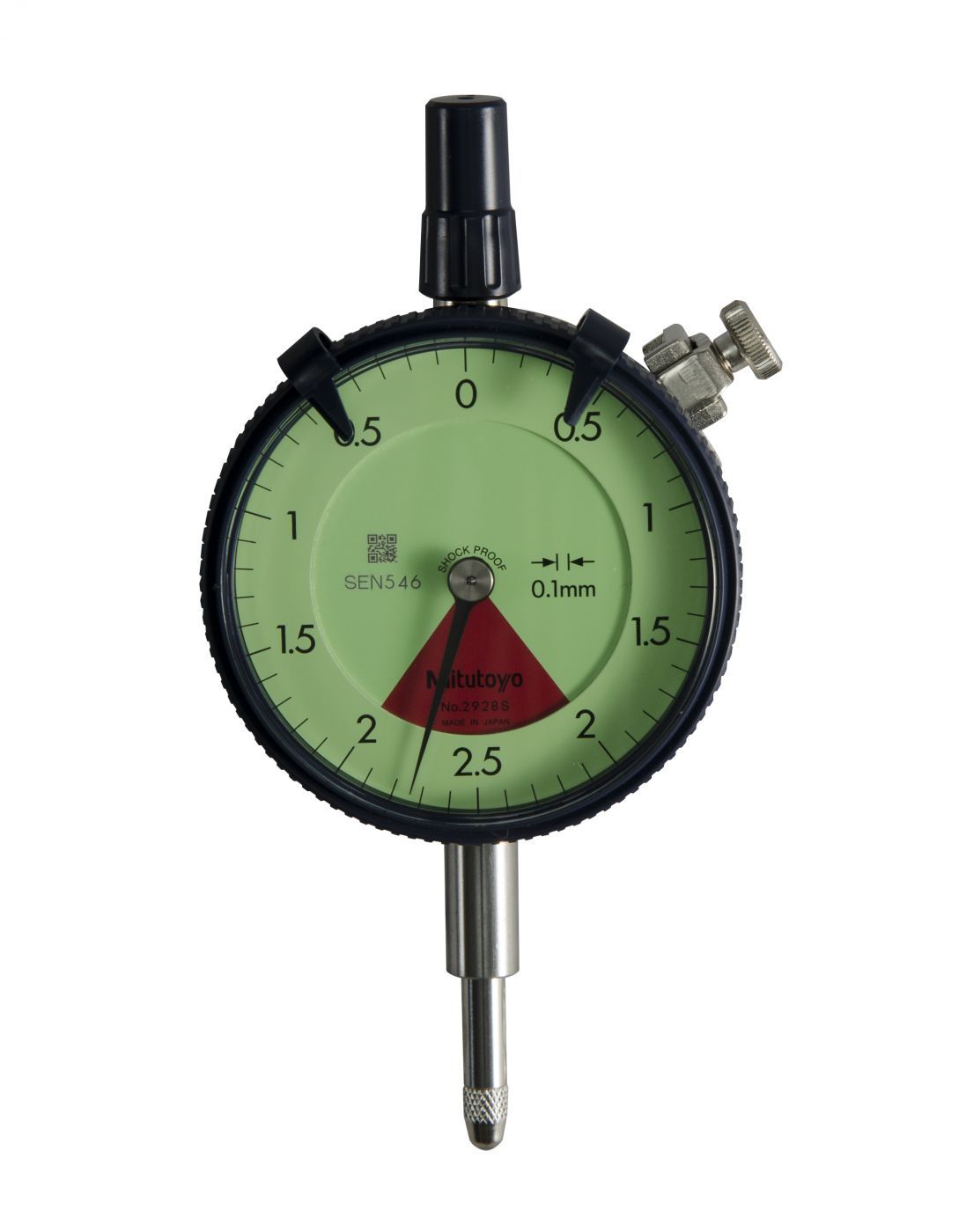 Picture of Mitutoyo 2928Sb 0.1mm, 4mm/10mm, Dial Indicator, 2-0-2, Flat Back, 8mm Stem, Series 2, One Rev, Shockproof