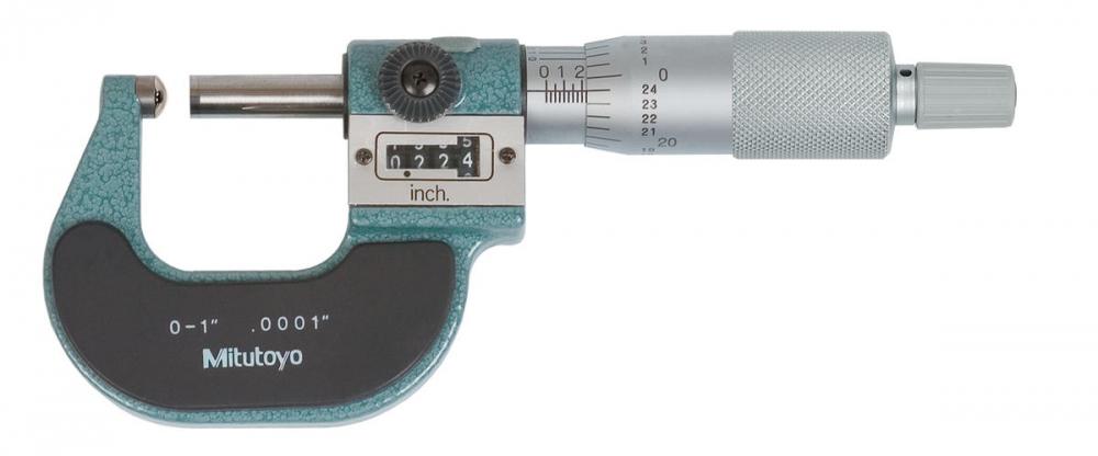 Picture of Mitutoyo 295-153 0-1 In, .0001 In, Digit Counter Spherical Face Micrometer, Carbide Steel Tip, Spherical Anvil Flat Spindle, .40 In Max Inside Diameter, Ratchet Stop
