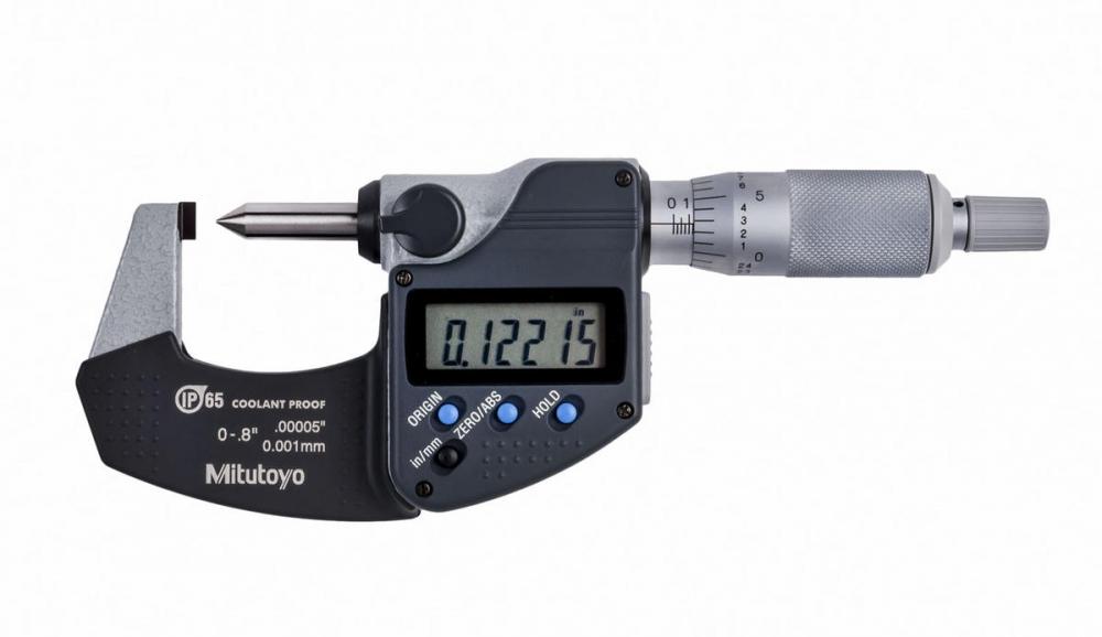 Picture of Mitutoyo 342-371-30 0-.8 In/0-20mm, .00005 In/0.001mm Digimatic Crimp Height Micrometer, 60 Degree Point, With Spc Data Output, Ratchet Stop