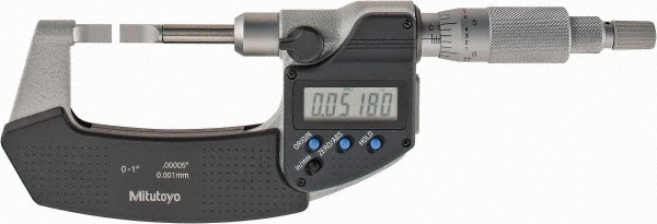 Picture of Mitutoyo 422-330-30 0-1 In/0-25.4mm, .00005 In/0.001mm Digimatic Blade Micrometer, .75mm Blade Thickness, Non-Rotating Spindle, With Spc Data Output, Ratchet Stop