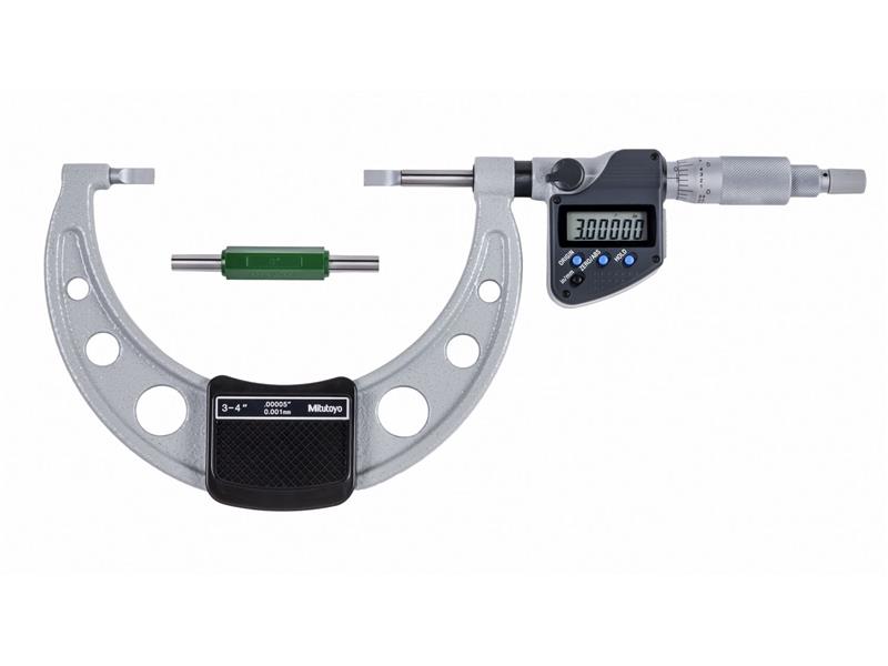 Picture of Mitutoyo 422-333-30 3-4 In/76.2-101.6mm, .00005 In/0.001mm Digimatic Blade Micrometer, .75mm Blade Thickness, Non-Rotating Spindle, With Spc Data Output, Ratchet Stop
