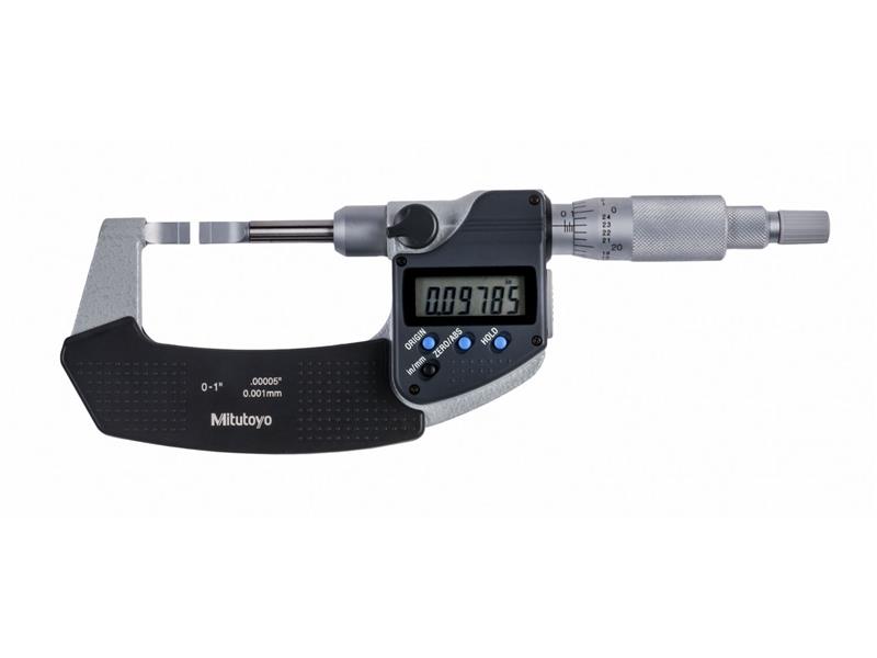 Picture of Mitutoyo 422-360-30 0-1 In/0-25.4mm, .00005 In/0.001mm Digimatic Blade Micrometer, .4mm Blade Thickness, Non-Rotating Spindle, With Spc Data Output, Ratchet Stop