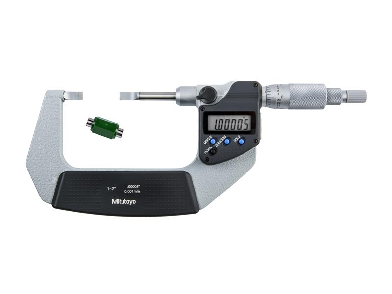 Picture of Mitutoyo 422-361-30 1-2 In/25.4-50.8mm, .00005 In/0.001mm Digimatic Blade Micrometer, .75mm Carbide Tipped Blade Thickness, Non-Rotating Spindle, With Spc Data Output, Ratchet Stop