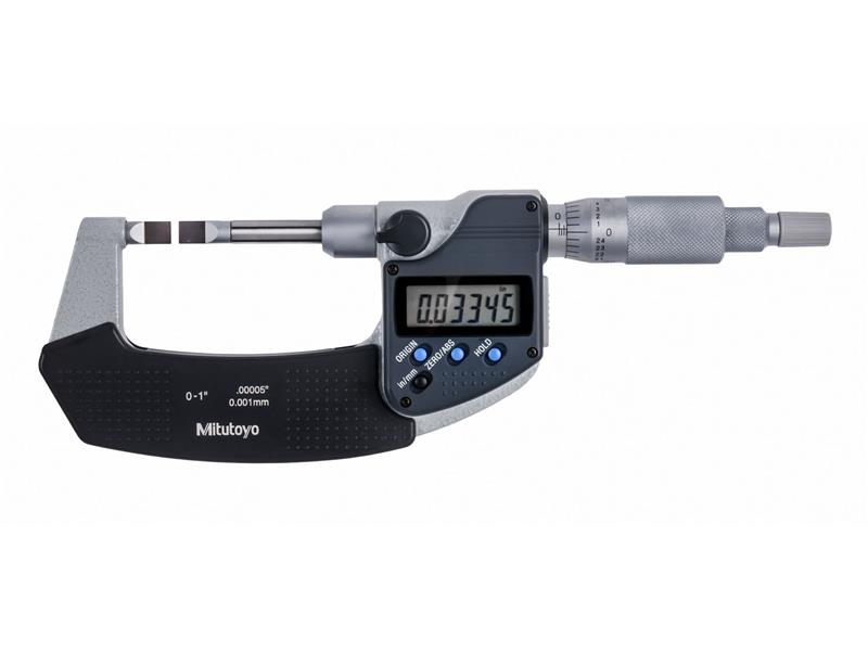 Picture of Mitutoyo 422-370-30 0-1 In/0-25.4mm, .00005 In/0.001mm Digimatic Blade Micrometer, .75mm Carbide Tipped Blade Thickness, Non-Rotating Spindle, With Spc Data Output, Ratchet Stop