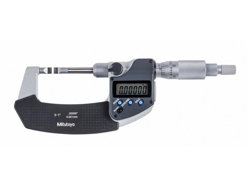 Picture of Mitutoyo 422-371-30 0-1 In/0-25.4mm, .00005 In/0.001mm Digimatic Blade Micrometer, .4mm Carbide Tipped Blade Thickness, Non-Rotating Spindle, With Spc Data Output, Ratchet Stop