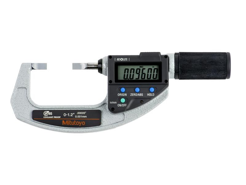 Picture of Mitutoyo 422-421-20 0-1.2 In/0-30.48mm, .00005 In/0.001mm Digimatic Blade Micrometer, Quickmike Type, .4mm Blade Thickness, Non-Rotating Spindle, With Spc Data Output, Ratchet Stop