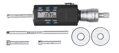 Picture of Mitutoyo 468-976 Digimatic Holtest, 3-Point Internal Micrometer, .275-.5In/6.925-12.7mm Range, .275-.35In, .35-.425In, .425-.5In Individual Range, .35 In Diameter, .425 In Diameter Setting Rings Included, With Extension Rod