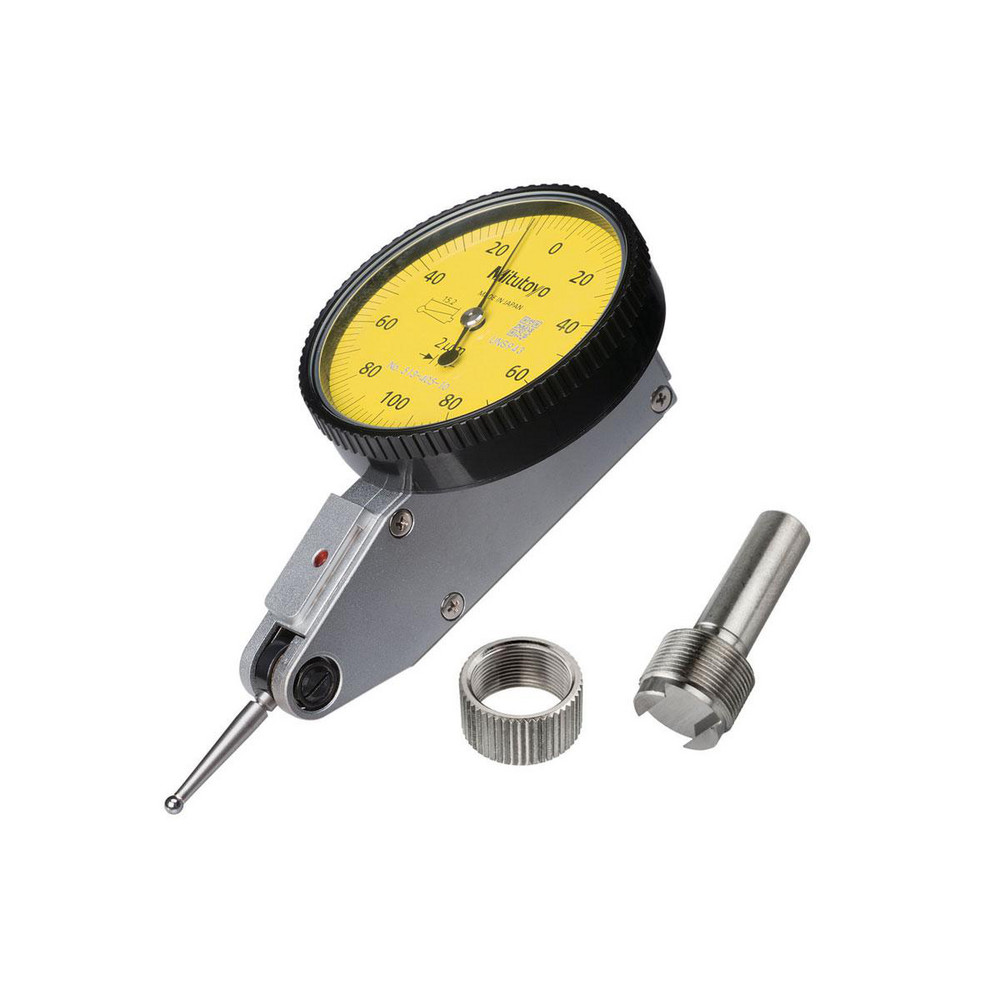 Picture of Mitutoyo 513-473-10E Dial Test Indicator: 0.008 mm Max, 0-4-0, Horizontal. Series 513, White Dial, 0.80 mm Ball, 19.00 mm Contact Point