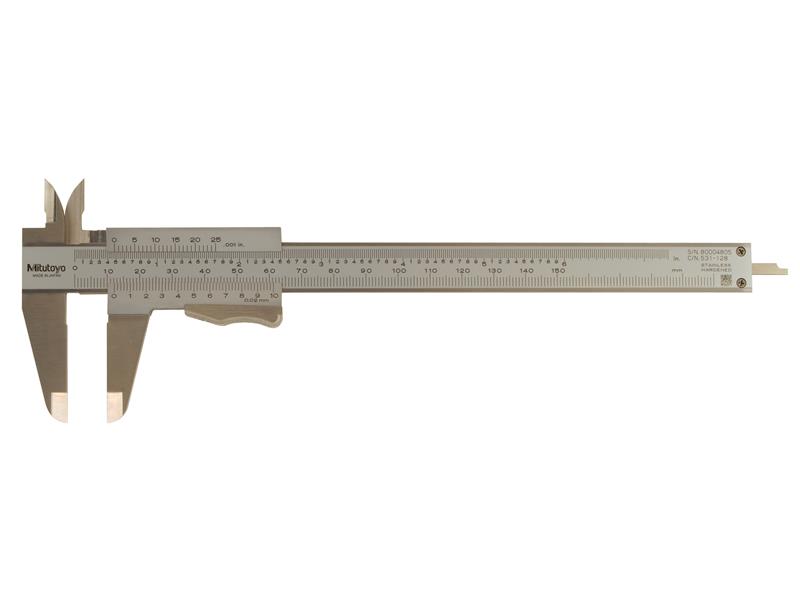 Picture of Mitutoyo 531-128 0-150mm/0-6 In, .02mm/.001 In, Vernier Caliper, Thumb Clamp, High Accuracy, Dual Scale