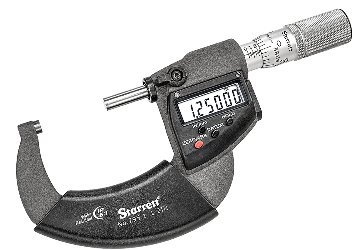 Picture of Starrett 733.1Mexflz-50 Ip67 Outside Micrometer, Friction Thimble, Carbide Anvil, Spc Output, .00005" Res., 1-2" Range