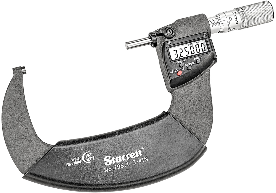 Picture of Starrett S795.1Bxflz Ip67 Outside Micrometer, Friction Thimble, Carbide Anvil, Spc Output, .00005" Res., 3-4" Range