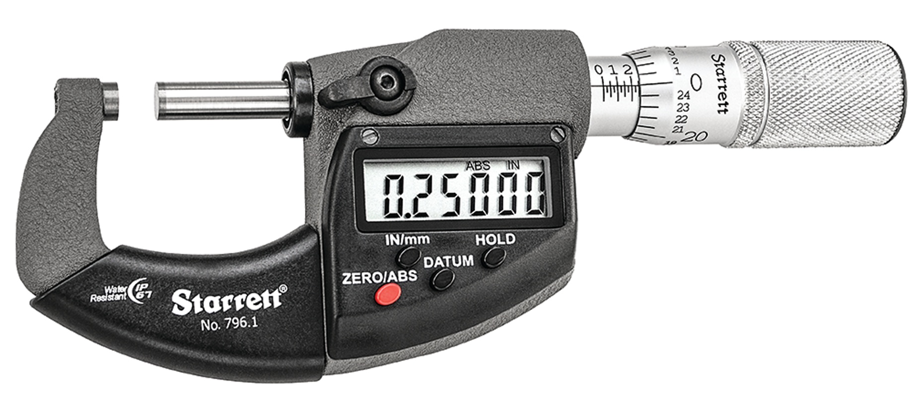 Picture of Starrett 3732Mexfl-25 Ip67 Outside Micrometer, Friction Thimble, Carbide Anvil, .00005" Res., 0-1" Range