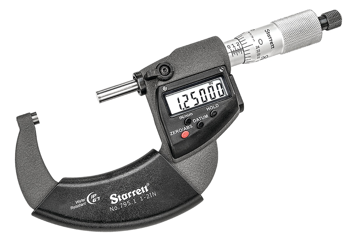Picture of Starrett 795.1Xfl-2 Ip67 Outside Micrometer, Rachet Thimble, Carbide Anvil, Spc Output, .00005" Res., 1-2" Range