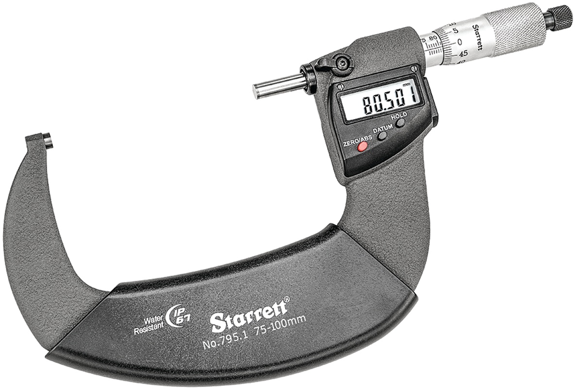 Picture of Starrett 733.1Mxrlz-100 Ip67 Outside Micrometer, Ratchet Thimble, Carbide Anvil, Spc Output, 0.001mm Res., 75-100mm Range
