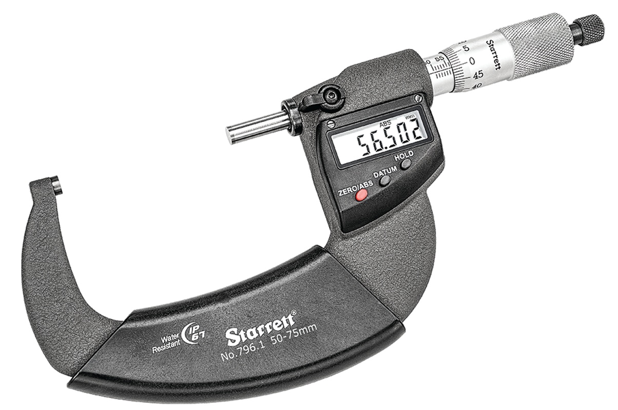 Picture of Starrett 795.1Mxrl-75 Ip67 Outside Micrometer, Ratchet Thimble, Carbide Anvil, 0.001mm Res., 50-75mm Range