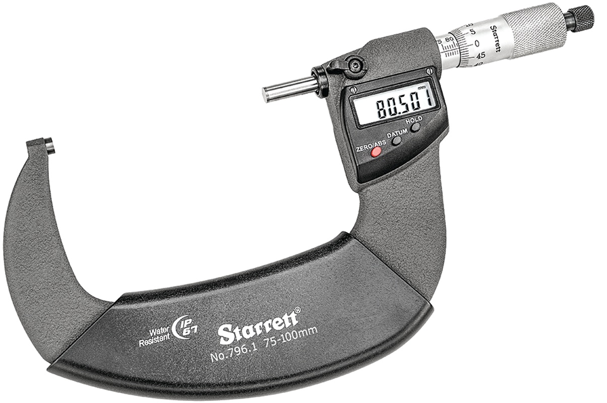 Picture of Starrett 795.1Mxrl-100 Ip67 Outside Micrometer, Ratchet Thimble, Carbide Anvil, 0.001mm Res., 75-100mm Range