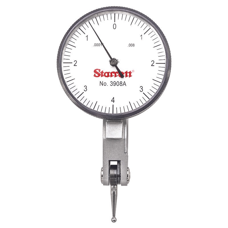 Picture of Starrett 3908A Dial Test Indicator With Dovetail, .008" Range, 0-4-0 1-9/16" Dial Face, .0001" Graduations, Two Dovetail Clamps, Case
