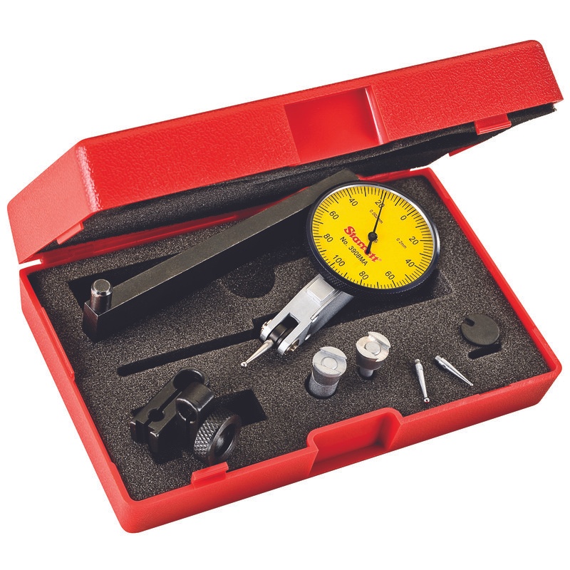 Picture of Starrett 3908Mac Dial Test Indicator With Dovetail, 0.2mm Range, 0-100-0 1-9/16" Dial Face, 0.002mm Graduations, With Accessories, Case