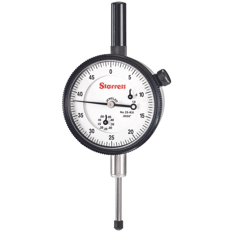 Picture of Starrett 25-631J WCSC Dial Indicator, with Case Stem Cap, 0-1.000" Range, 0-50, .0005" Grads, .050" Range Per Rev, .375" Stem
