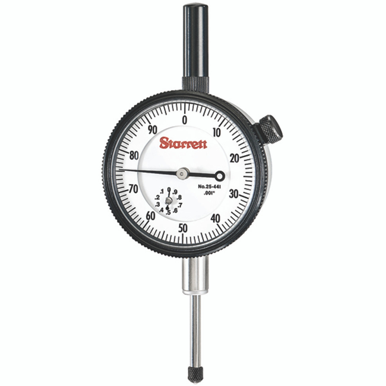 Picture of Starrett 25-441P WCSC Dial Indicator, with Case Stem Cap, 0-1.000" Range, 0-100, .001" Grads, .100" Range Per Rev, .375" Stem
