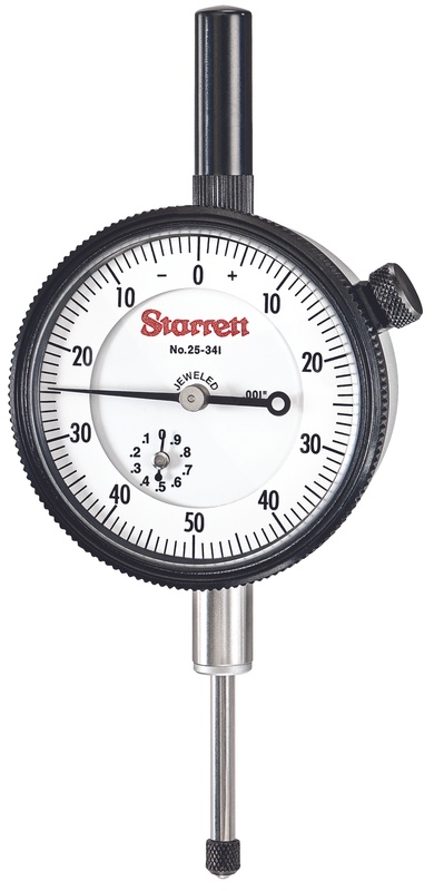 Picture of Starrett 25-341J WCSC Dial Indicator, w/ Case Stem Cap, 0-1.000" Range, 0-50-0 Balanced Dial, .001" Grads, .100" Range Per Rev, .375" Stem