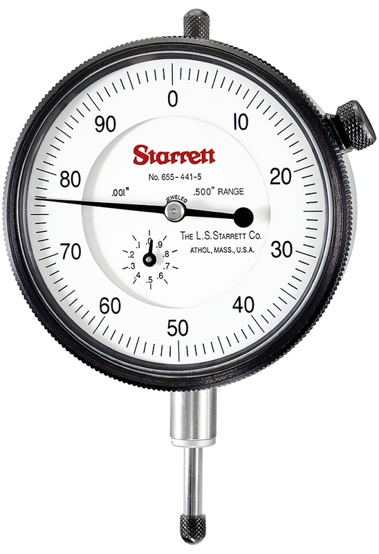 Picture of Starrett 655-441/5J WCSC Dial Indicator, 0-.5" Range, 0-100, .001" Grads, .100" Range Per Rev, .375" Stem Diameter