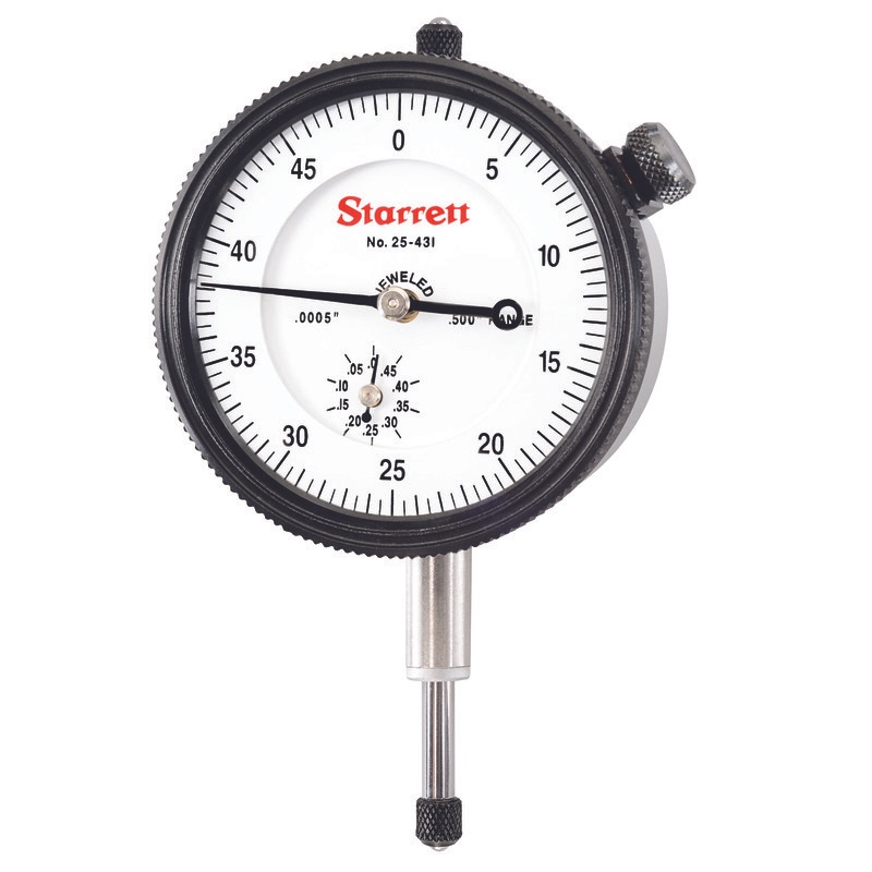 Picture of Starrett 25-431J-8 Dial Indicator, 0-.500" Range, 0-50 Continuous Dial, .0005" Grads, .050" Range Per Rev, 8mm Stem
