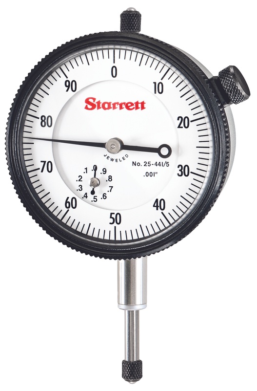 Picture of Starrett 25-441/5J-8 Dial Indicator, 0-.500" Range, 0-100, .001" Grads, .100" Range Per Rev, 8mm Stem Diameter