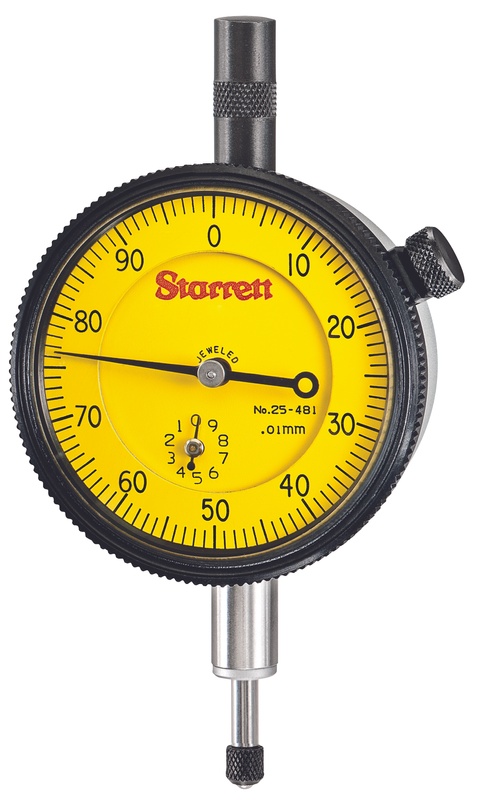 Picture of Starrett 25-481J WCSC Dial Indicator, with Case Stem Cap, 0-10.0mm Range, 0-100, 0.01mm Grads, 1.0mm Range Per Rev, .375" Stem