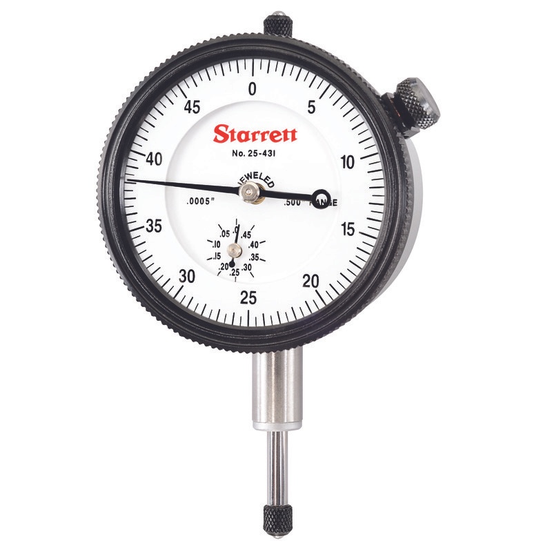Picture of Starrett 25-431J WCSC Dial Indicator, w/ Case Stem Cap, 0-.500" Range, 0-50 Continuous Dial, .0005" Grads, .050" Range Per Rev, .375" Stem
