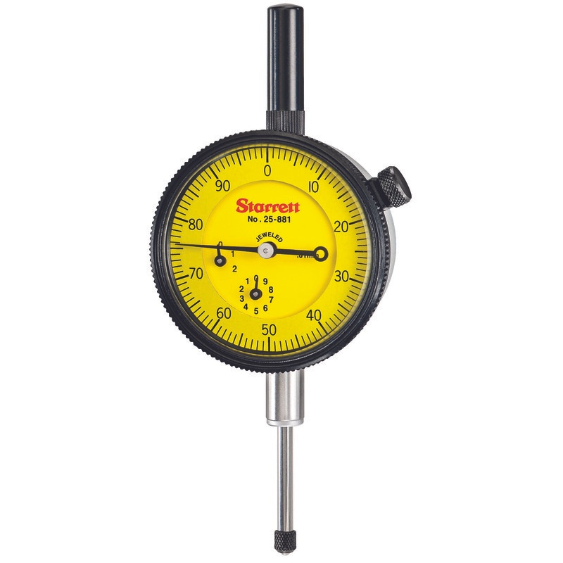 Picture of Starrett 25-881J WCSC Dial Indicator, with Case Stem Cap, 0-25.0mm Range, 0-100, 0.01mm Grads, 1.0mm Range Per Rev, .375" Stem