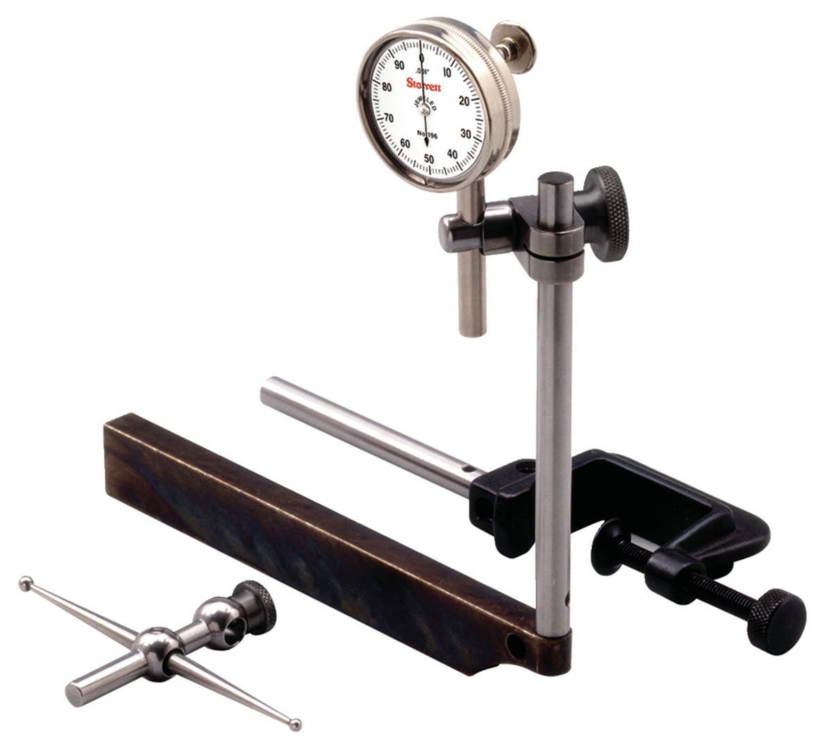 Picture of Starrett 196A1Z Back Plunger Dial Indicator, .200" Range, 0-100 Dial Face, .001" Grads, 3 Contact Points, Adaptor, 4 Attachments, Case