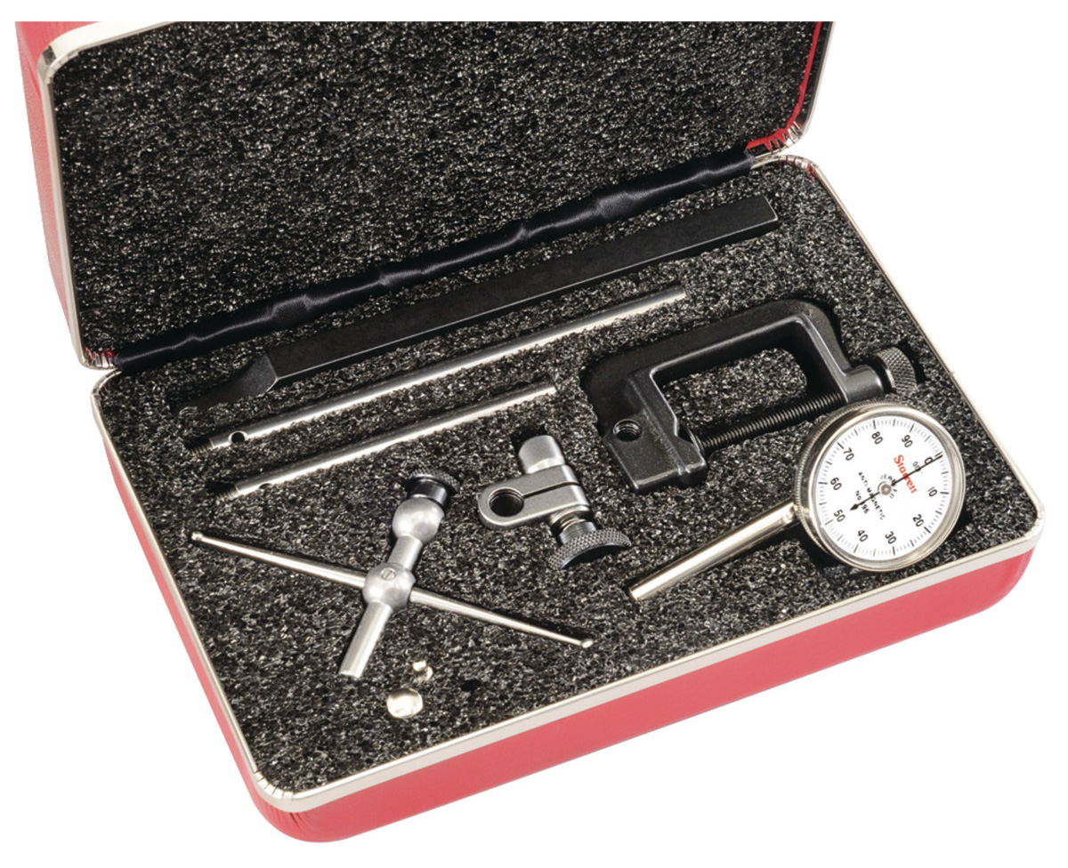 Picture of Starrett 196A6Z Back Plunger Dial Indicator, .200" Range, 0-100 Dial Face, .001" Grads, Antimagnetic, 3 Contacts, 4 Attachments, Case