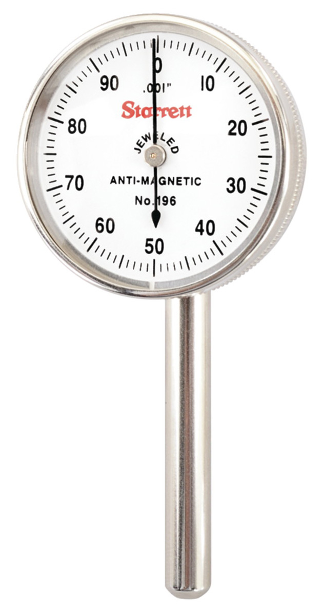 Picture of Starrett 196B6 Back Plunger Dial Indicator, .200" Range, 0-100 Dial Face, .001" Graduations, 3 Contact Points And Adaptor