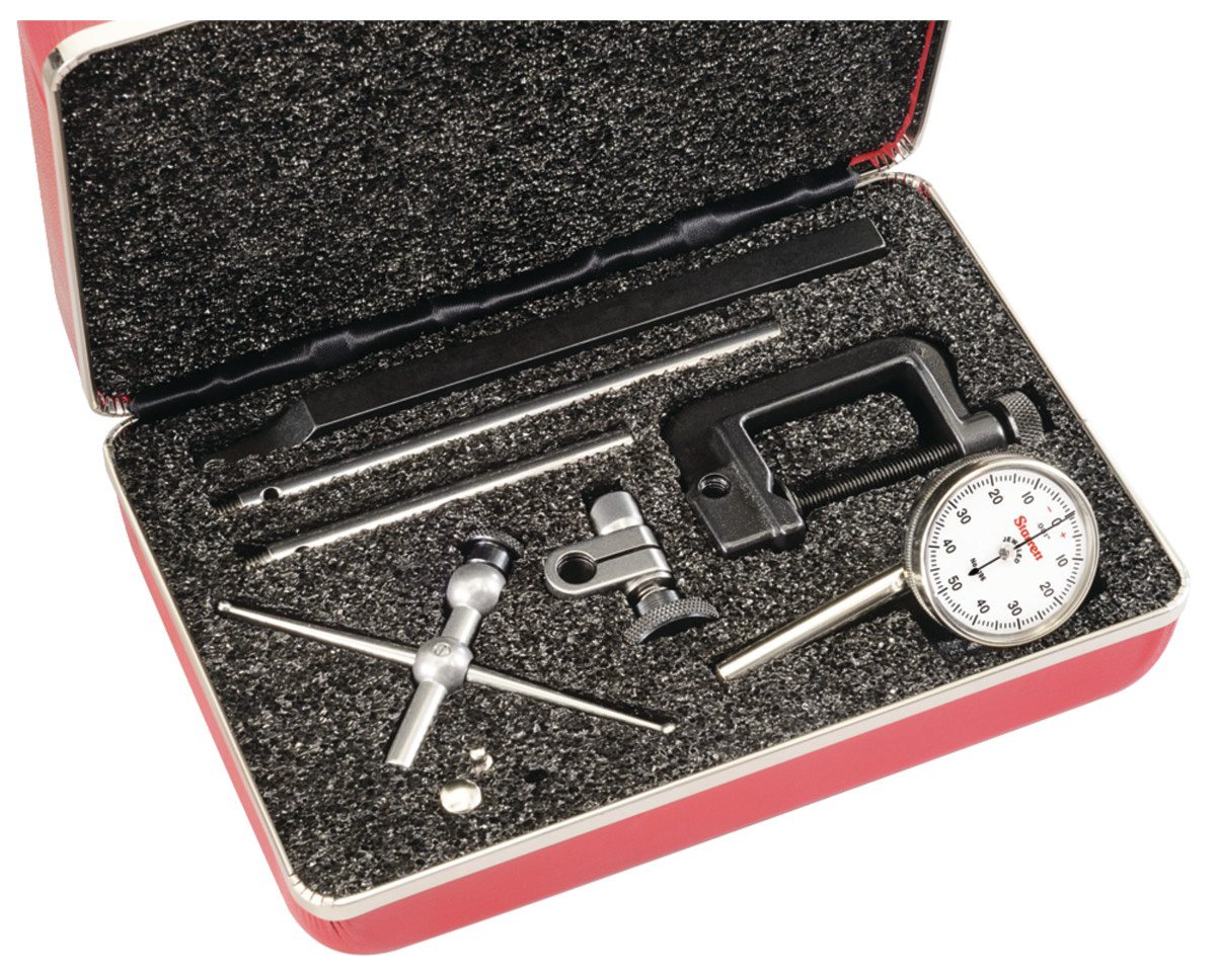 Picture of Starrett 196A5Z Back Plunger Dial Indicator, .200" Range, 0-50-0 Dial Face, .001" Grads, 3 Contact Points Adaptor, 4 Attachments, Case