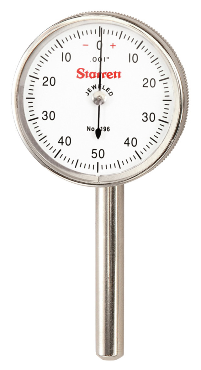 Picture of Starrett 196B5 Back Plunger Dial Indicator, .200" Range, 0-50-0 Dial Face, .001" Graduations, 3 Contact Points And Adaptor