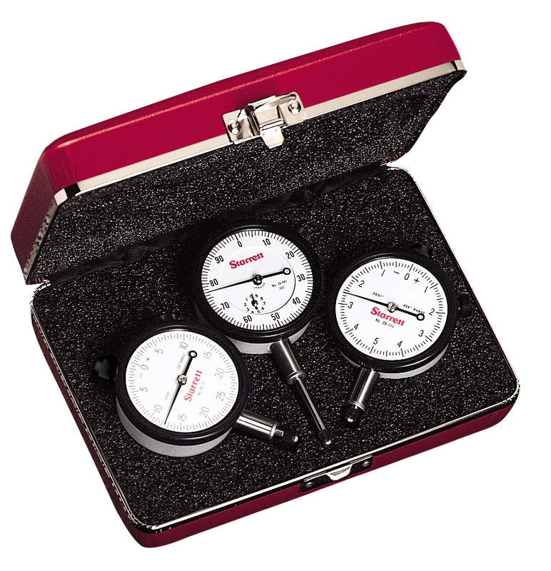 Picture of Starrett S253Z Dial Indicator Set, .025", .125" and 1.00" Range, 0-5-0, 0-25-0 and 0-100 Dials, .0001", .0005" and .001" Grads, .375" Stem