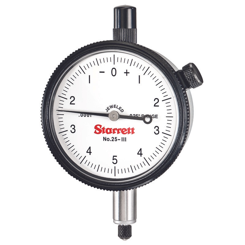 Picture of Starrett 25-111J Dial Indicator, 0-.025" Range, 0-5-0 Balanced Dial, .0001" Grads, .010" Range Per Rev, .375" Stem