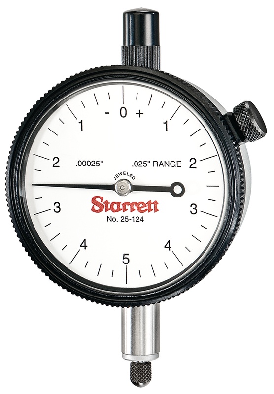Picture of Starrett 25-124J Dial Indicator, 0-.025" Range, 0-5-0 Balanced Dial, .00025" Grads, .010" Range Per Rev, .375" Stem
