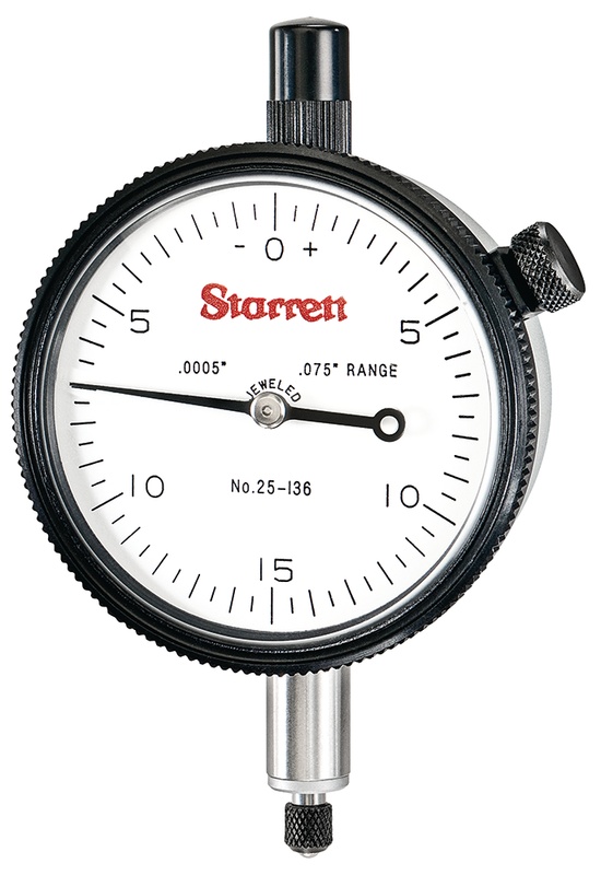 Picture of Starrett 25-136J Dial Indicator, 0-.075" Range, 0-15-0 Balanced Dial, .0005" Grads, .030" Range Per Rev, .375" Stem