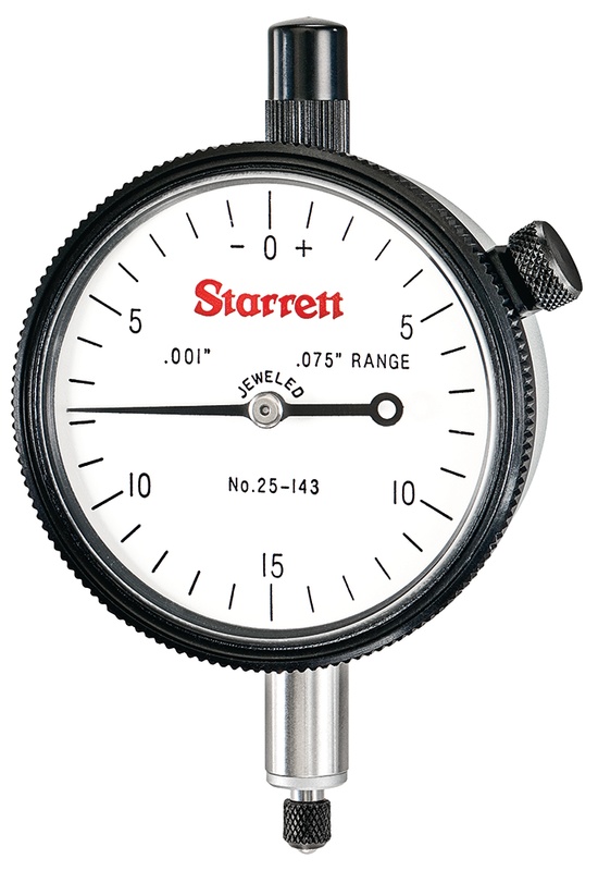 Picture of Starrett 25-143J Dial Indicator, 0-.075" Range, 0-15-0 Balanced Dial, .001" Grads, .030" Range Per Rev, .375" Stem
