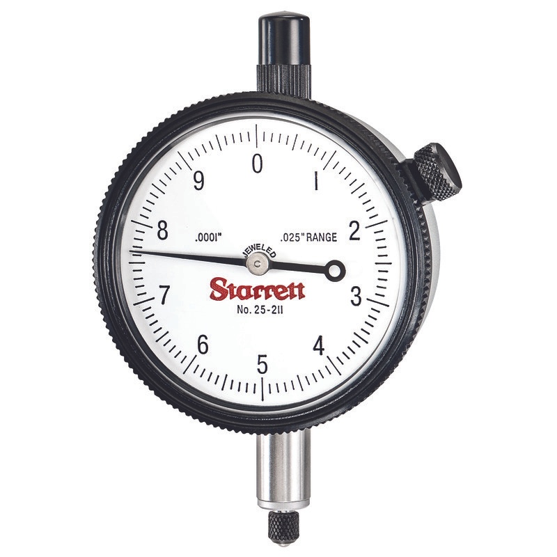 Picture of Starrett 25-211J Dial Indicator, 0-.025" Range, 0-10 Continuous Dial, .0001" Grads, .010" Range Per Rev, .375" Stem