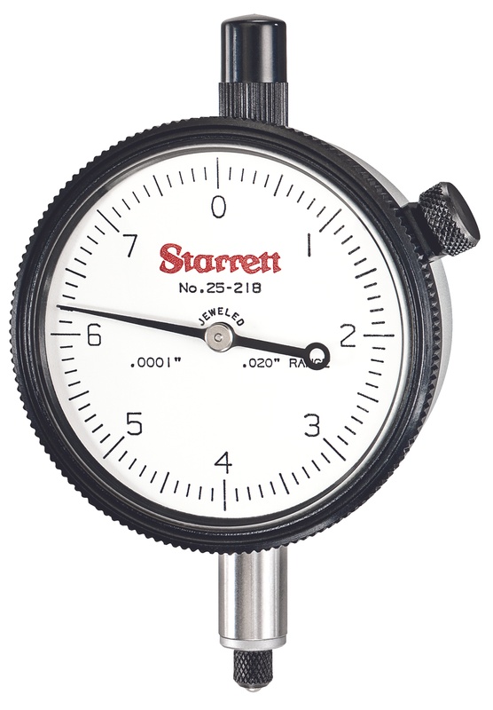 Picture of Starrett 25-218J Dial Indicator, 0-.020" Range, 0-8 Continuous Dial, .0001" Grads, .008" Range Per Rev, .375" Stem